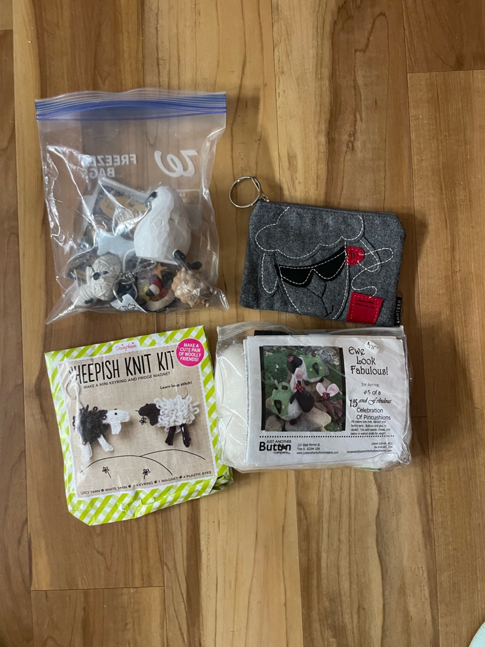 Sheep knit kit, pincushion kit and various other sheep trinkets